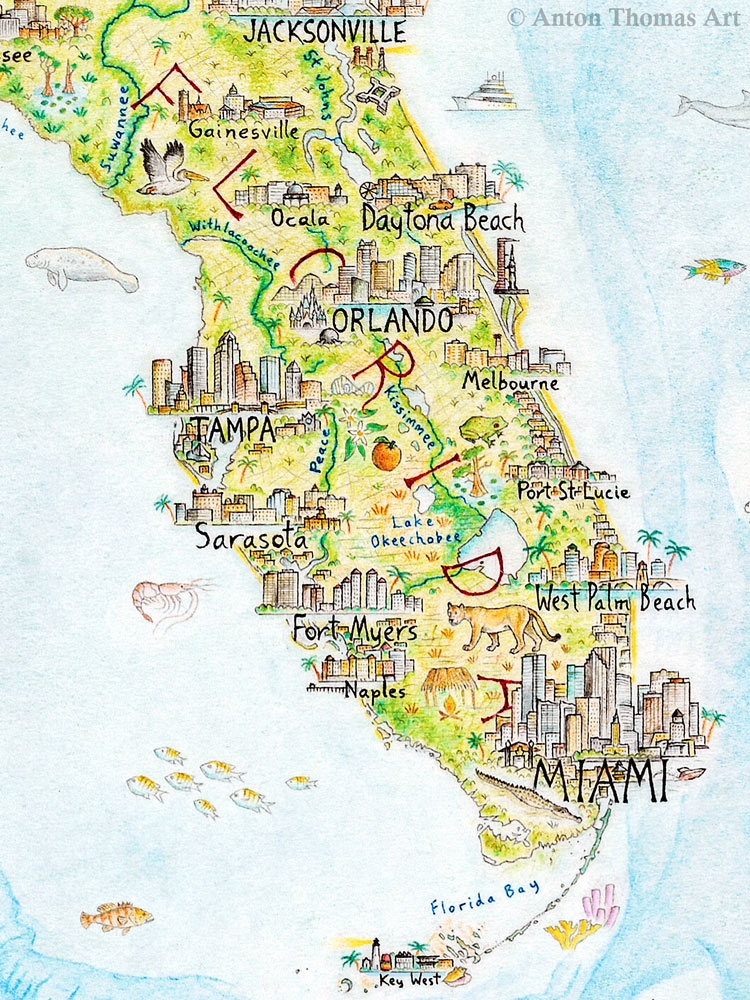 Hand-drawn map art of Florida, USA, by Anton Thomas.