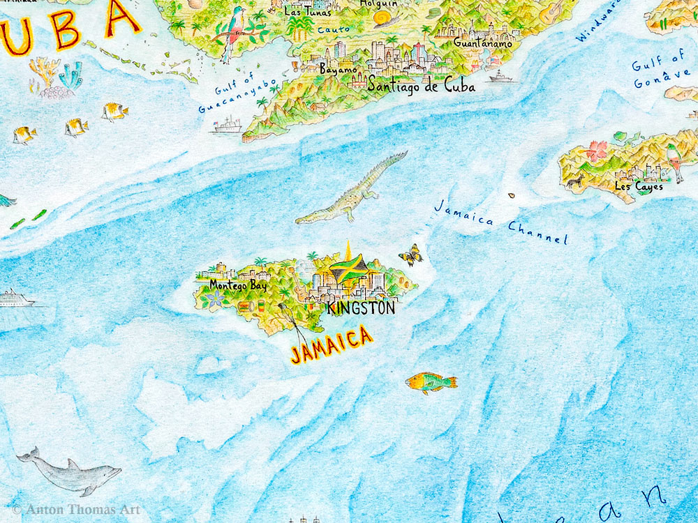 A hand-drawn pictorial map of the Caribbean, Jamaica, drawn by artist cartographer Anton Thomas.