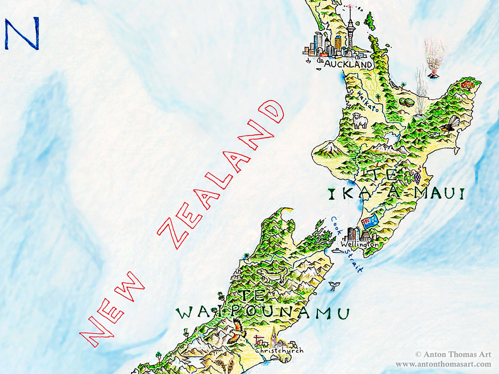 Hand drawn pictorial map of New Zealand by Anton Thomas.