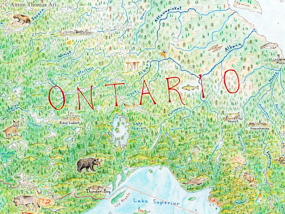 Hand-drawn pictorial map art of Ontario by Anton Thomas.