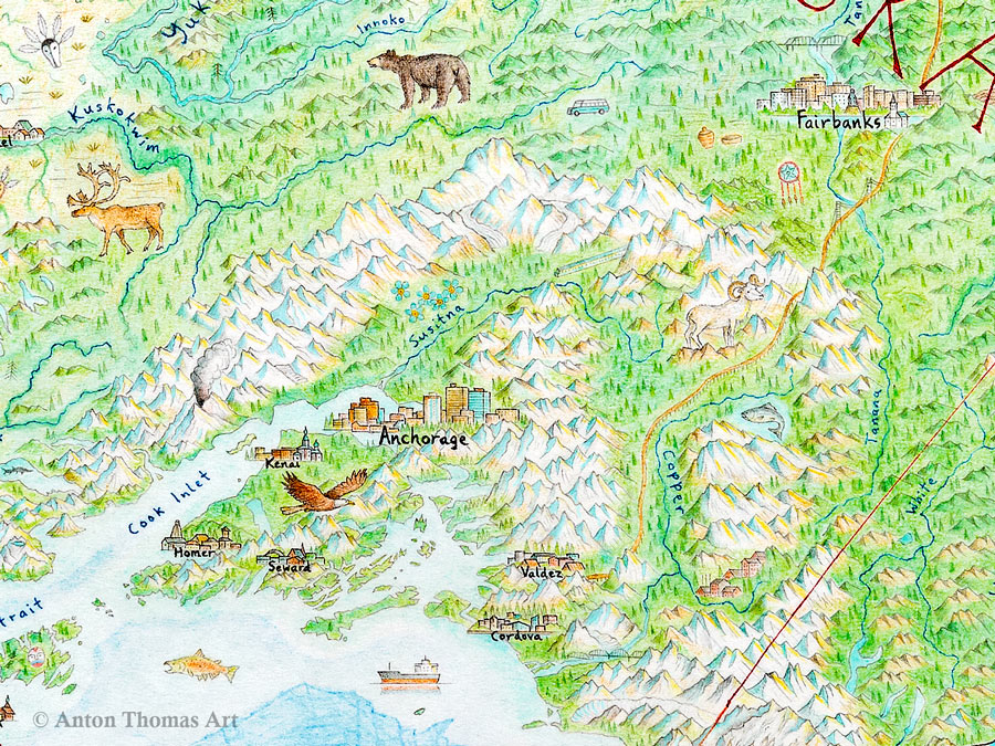 A hand drawn pictorial map of Alaska, USA by cartographer Anton Thomas.