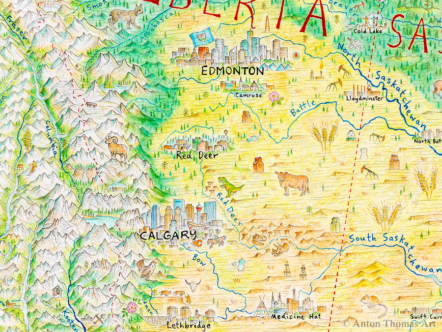 A hand drawn pictorial map of Alberta, Canada by Anton Thomas.