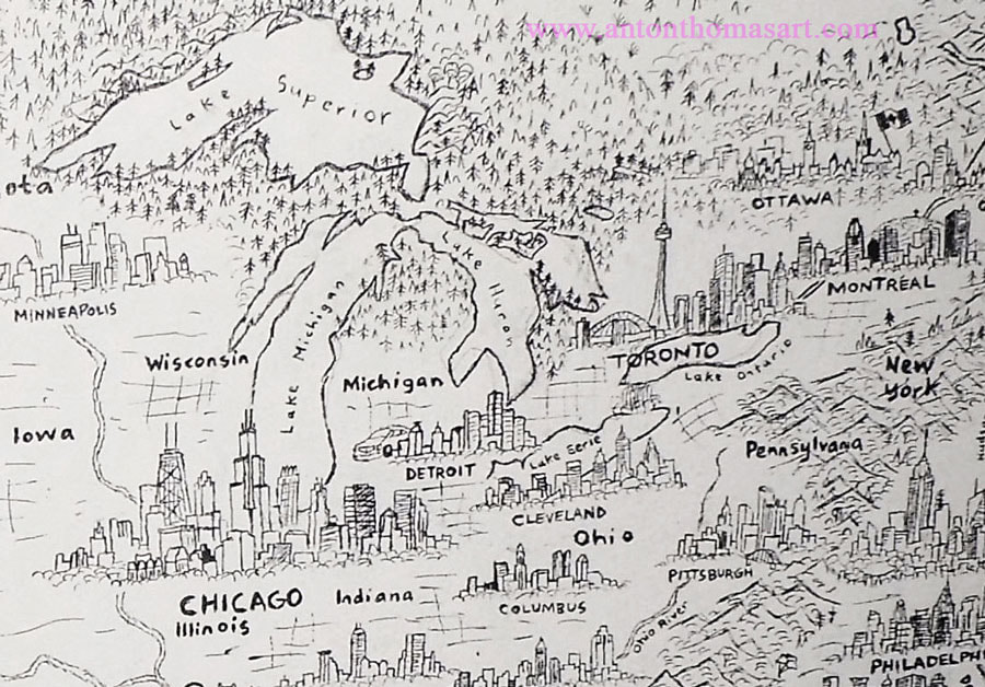 Hand drawn pictorial map of Midwest by Anton Thomas.