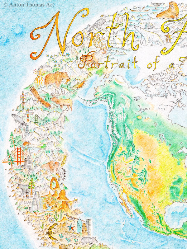 A section of cartouche from North America: Portrait of a Continent, a hand drawn map by Anton Thomas.