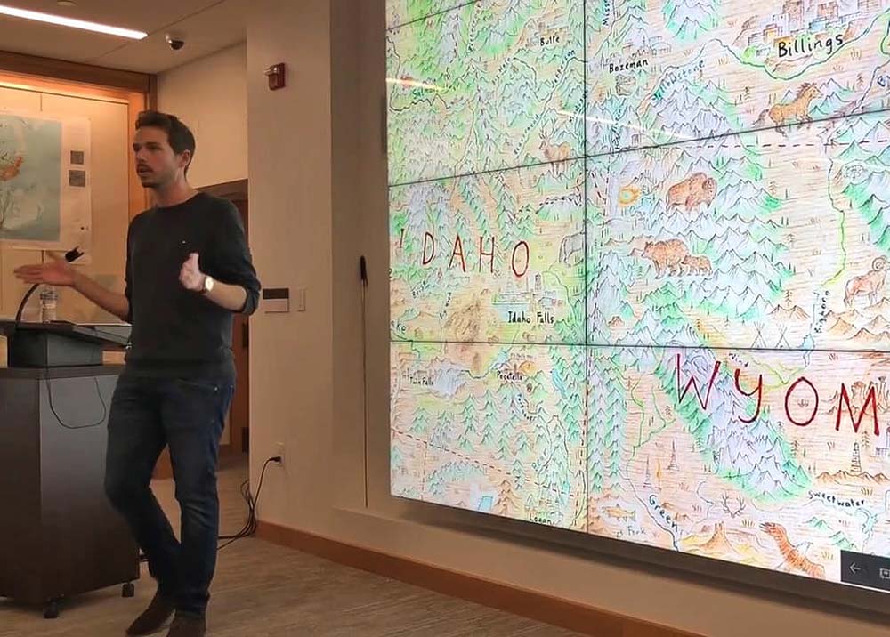 Artist cartography Anton Thomas presents at the David Rumsey Map Center at Stanford University, California.