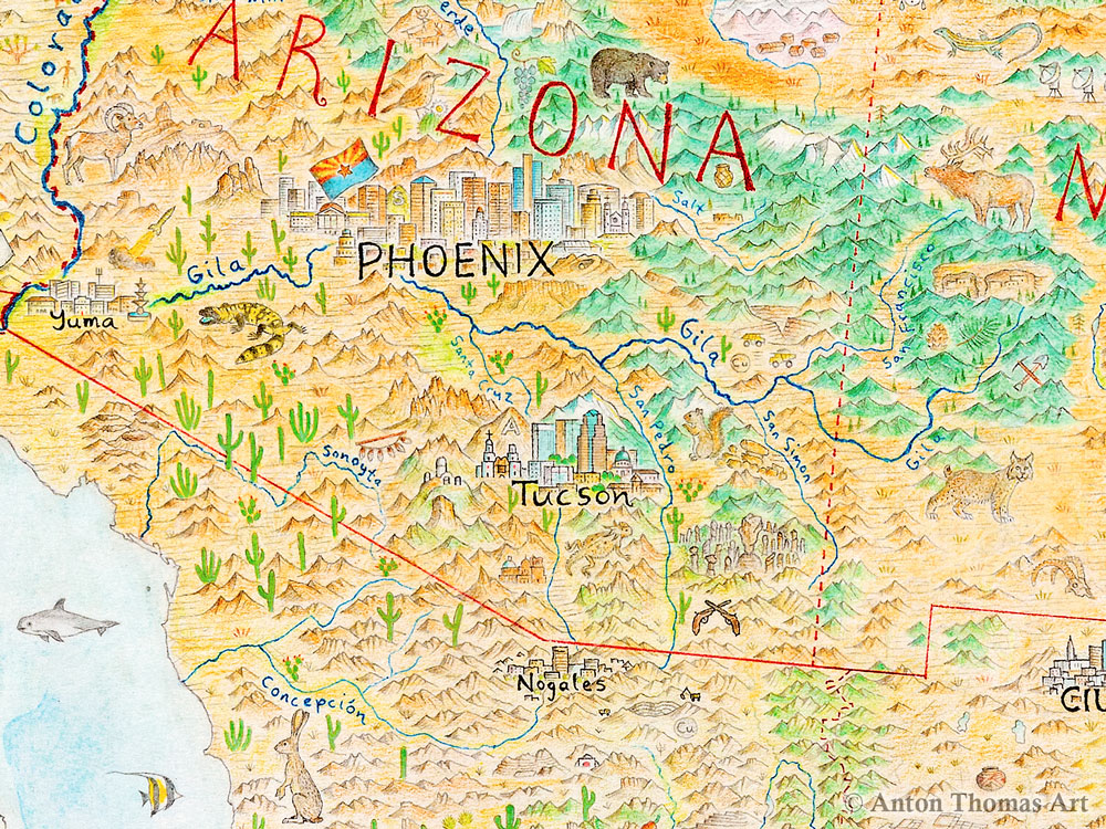 A hand-drawn pictorial map of Arizona, USA by Anton Thomas.