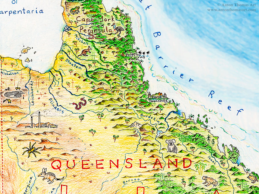 Hand drawn pictorial map of Queensland, Australia by Anton Thomas.