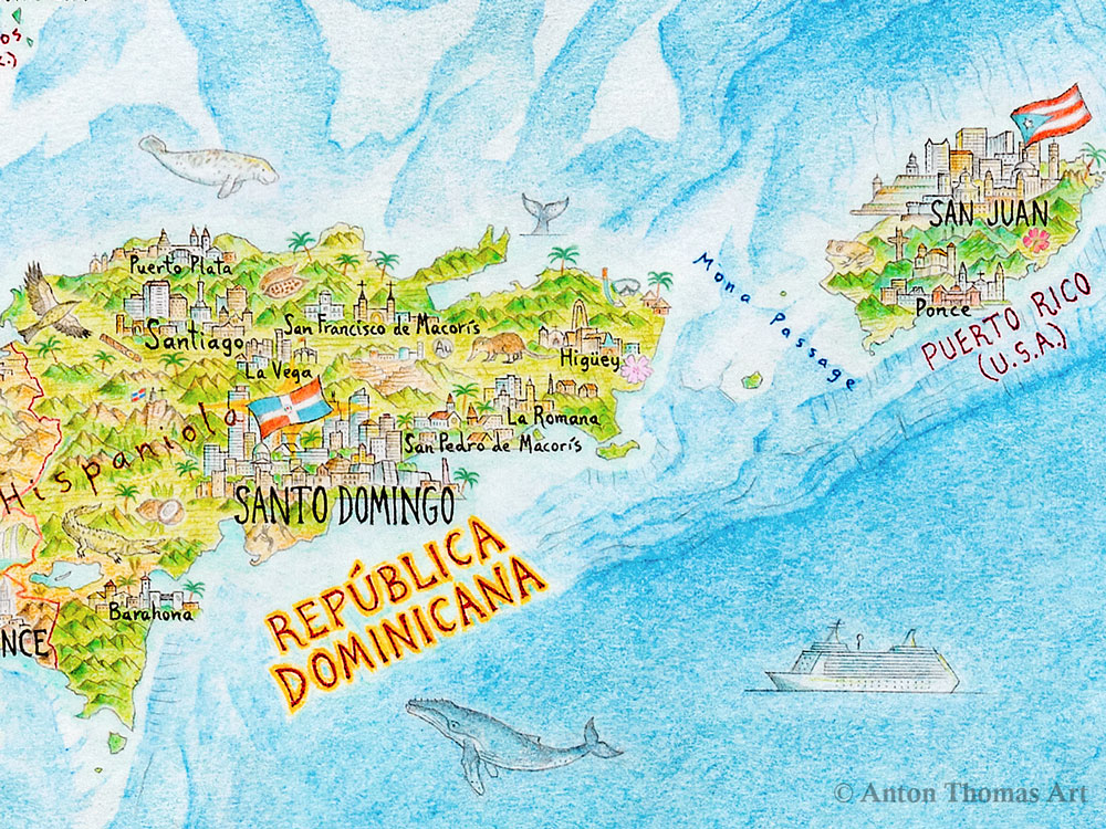 Hand-drawn map art of the Caribbean - Dominican Republic and Puerto Rico - by Anton Thomas.