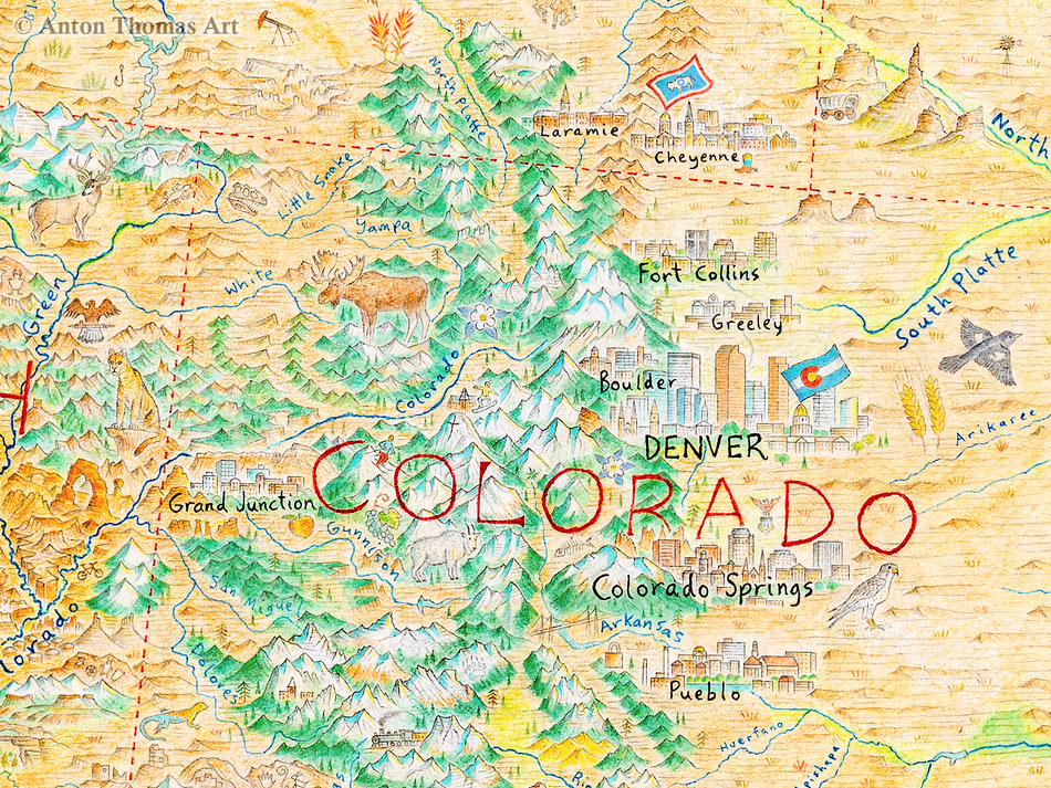 A hand-drawn pictorial map of Colorado, USA, by Anton Thomas.