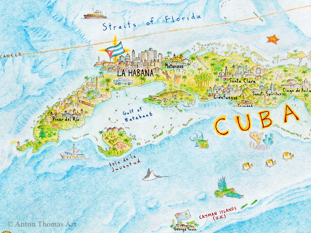 A hand-drawn pictorial map of Cuba by cartographer Anton Thomas.