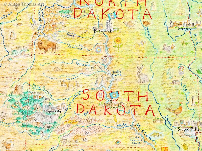 Hand-drawn map art of the Dakotas, USA, by Anton Thomas.