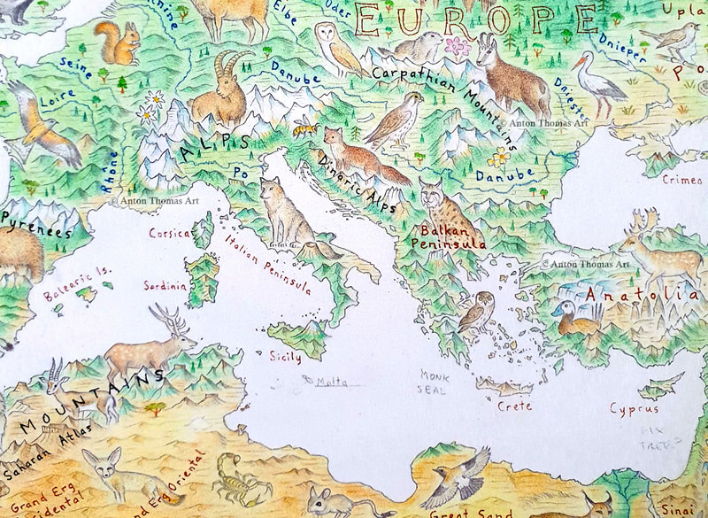A pictorial map of Europe, from Wild World - an illustrated map by artist cartographer Anton Thomas.