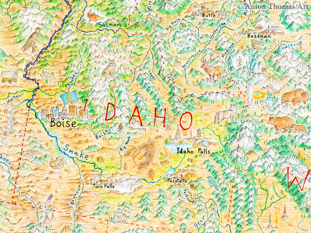 A hand-drawn pictorial map of Idaho, USA, drawn by artist cartographer Anton Thomas.