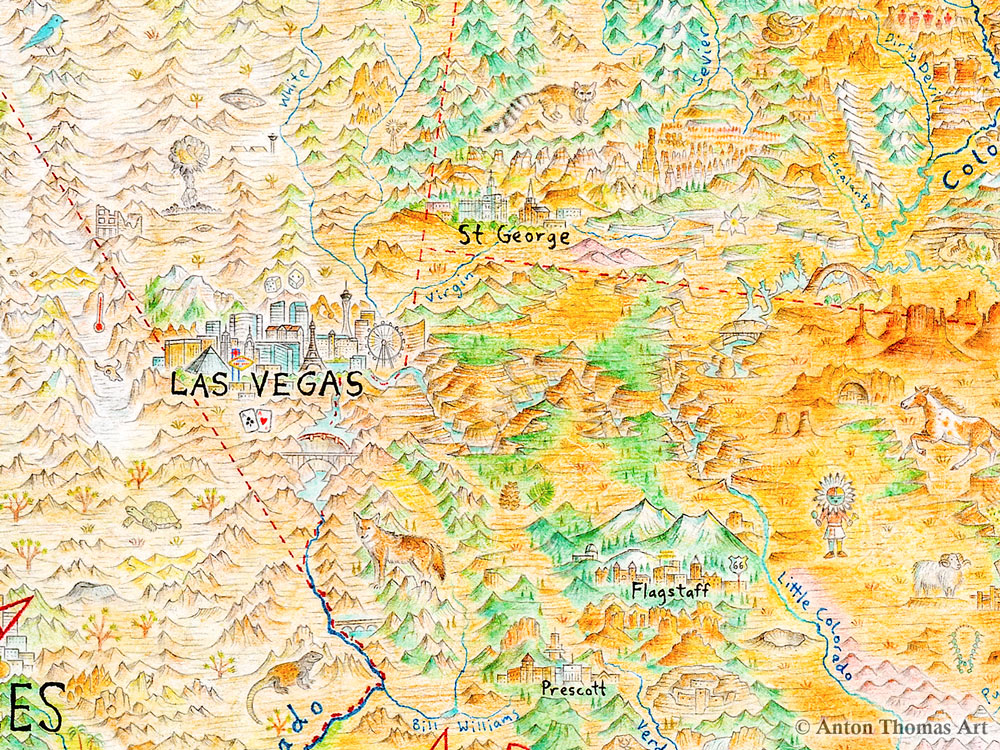 A hand-drawn pictorial map of Nevada, Arizona, Las Vegas, drawn by artist cartographer Anton Thomas.
