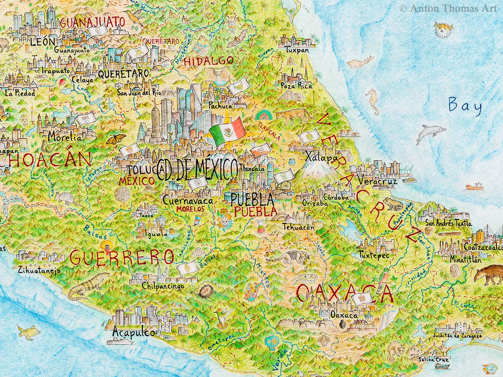 A hand-drawn pictorial map of Mexico, drawn by artist cartographer Anton Thomas.