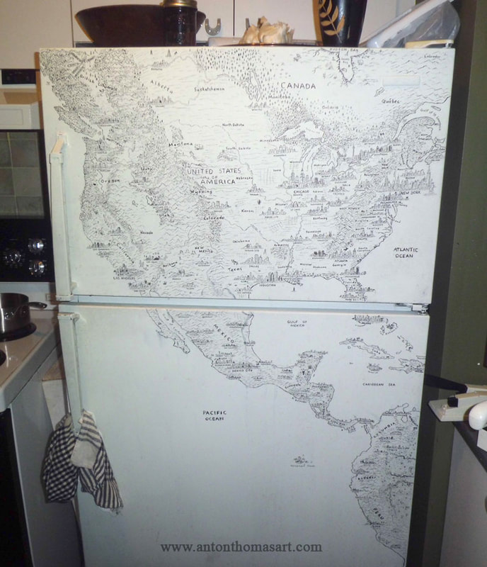 Hand drawn pictorial map of North America by Anton Thomas, on fridge.