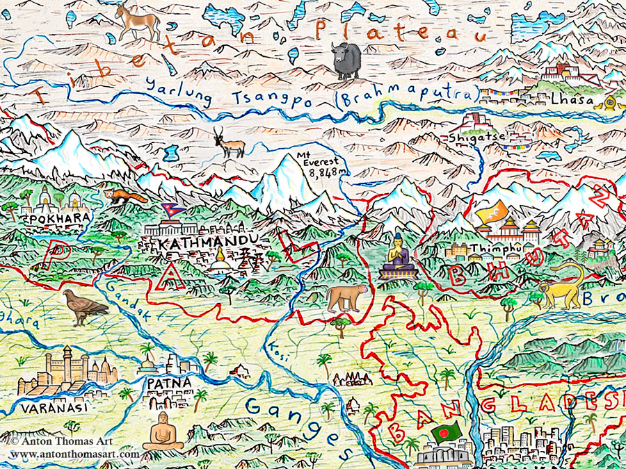 Pictorial map of the Himalayas, Nepal, Bhutan and India by Anton Thomas.
