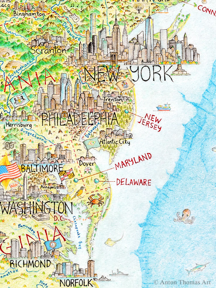 Hand-drawn pictorial map art of New York, Philadelphia and Washington DC by Anton Thomas.