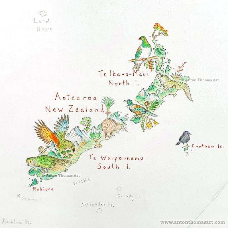 Pictorial map art of New Zealand - Aotearoa, from artist cartographer Anton Thomas - his map Wild World.
