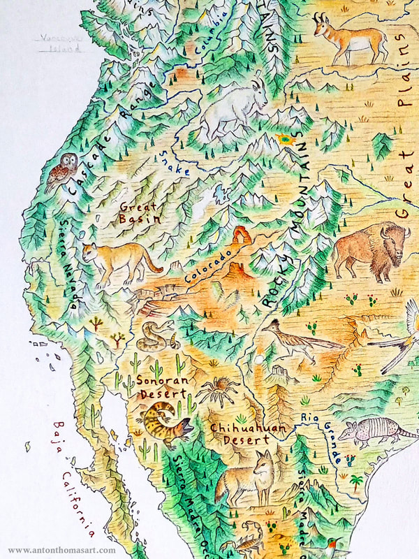 A section of Wild World - a pictorial map by cartographer Anton Thomas.