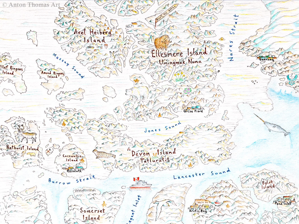 Hand-drawn pictorial map art of Nunavut by Anton Thomas.