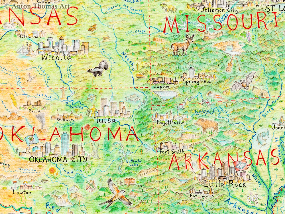 Hand-drawn pictorial map art of the Ozarks, Oklahoma, Missouri, Arkansas, by Anton Thomas.