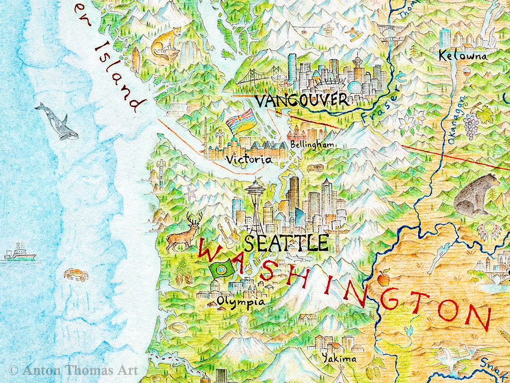 Hand-drawn pictorial map art of the Pacific Northwest, Seattle and Vancouver by Anton Thomas.