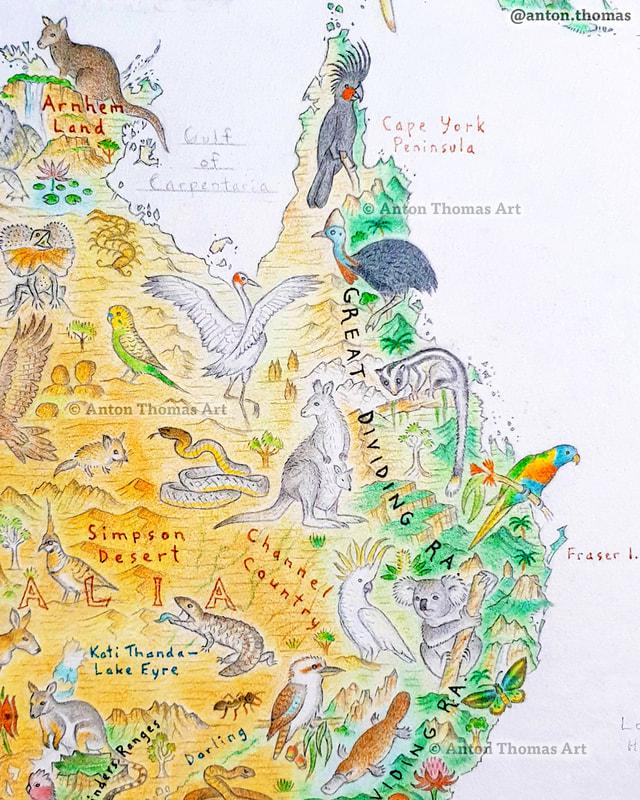 Pictorial map art of Queensland, Australia, from artist cartographer Anton Thomas - his map Wild World.