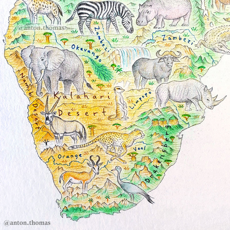 A pictorial map of southern Africa, from cartographer Anton Thomas's map Wild World.