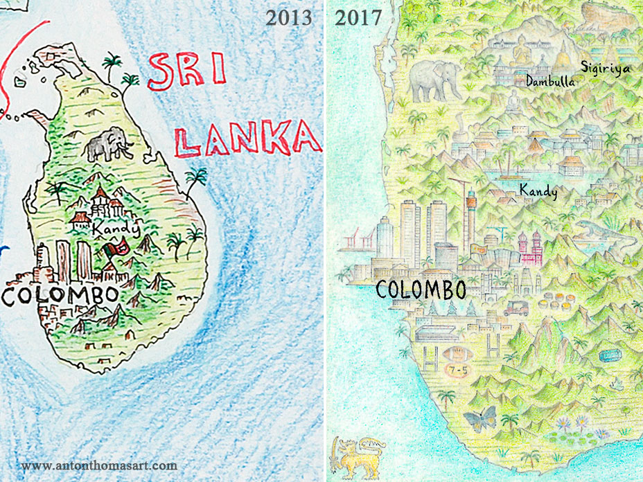 Pictorial map of Sri Lanka, hand drawn by Anton Thomas.