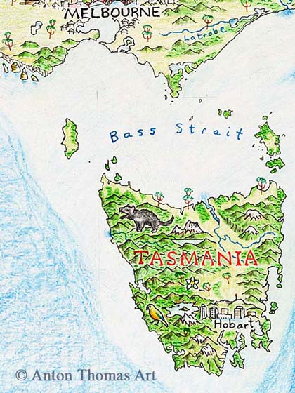 Hand drawn pictorial map of Tasmania, Australia by Anton Thomas.