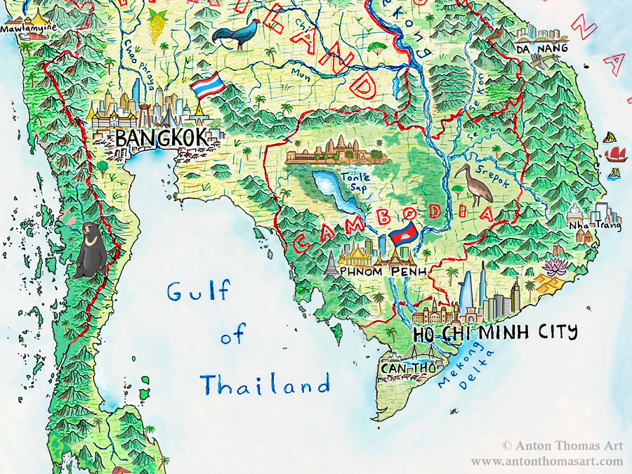 Hand drawn pictorial map of Southeast Asia, Cambodia, Thailand and Vietnam by Anton Thomas.