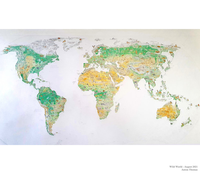Pictorial world map, from artist cartographer Anton Thomas - his map Wild World.